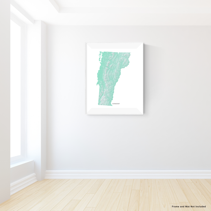 Vermont state map print with natural landscape in aqua tints designed by Maps As Art.