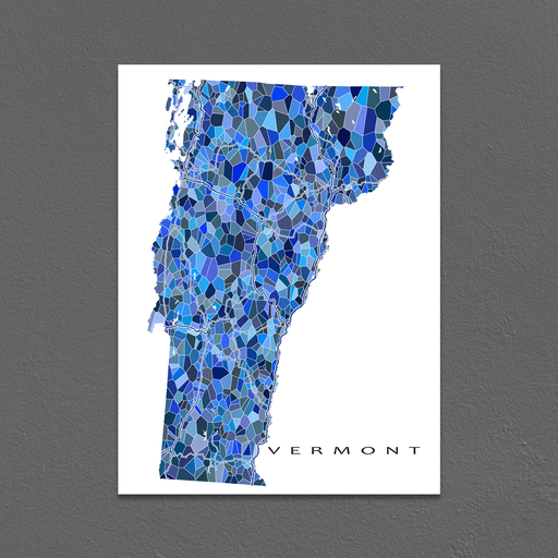 Vermont state map art print in blue shapes designed by Maps As Art.