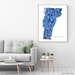 Vermont state map art print in blue shapes designed by Maps As Art.