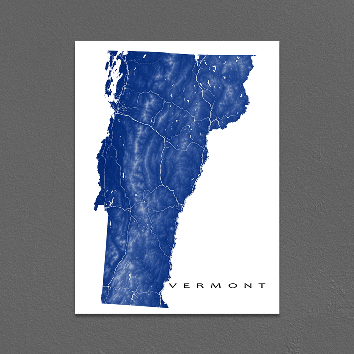 Vermont state map print with natural landscape and main roads in Navy designed by Maps As Art.