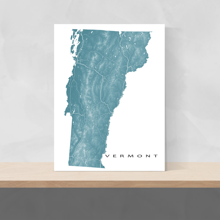 Vermont state map print with natural landscape and main roads in Marine designed by Maps As Art.
