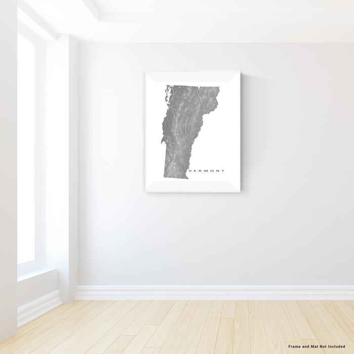 Vermont state map print with natural landscape and main roads in Grey designed by Maps As Art.