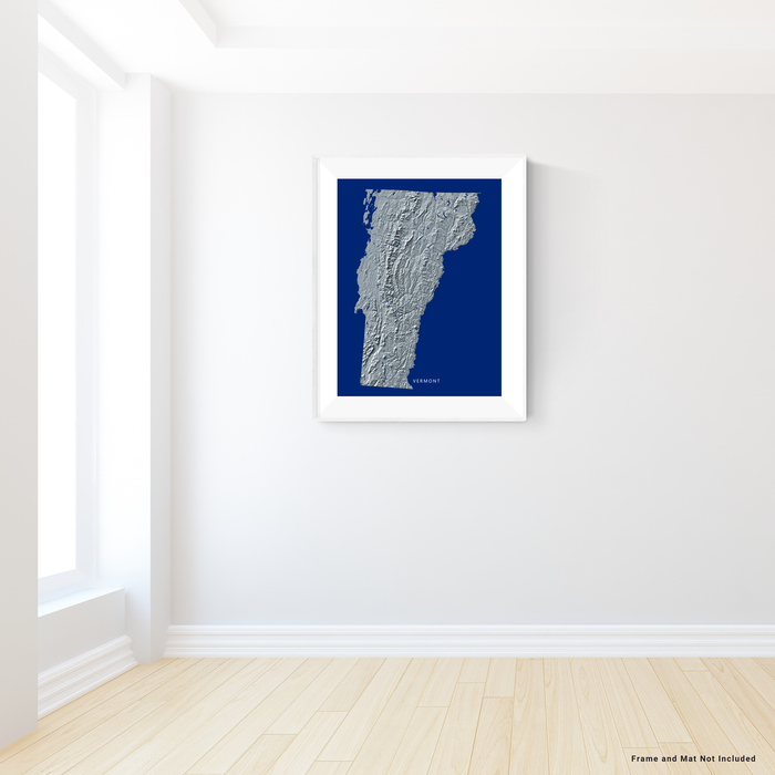 Vermont state map print with natural landscape in greyscale and a navy blue background designed by Maps As Art.