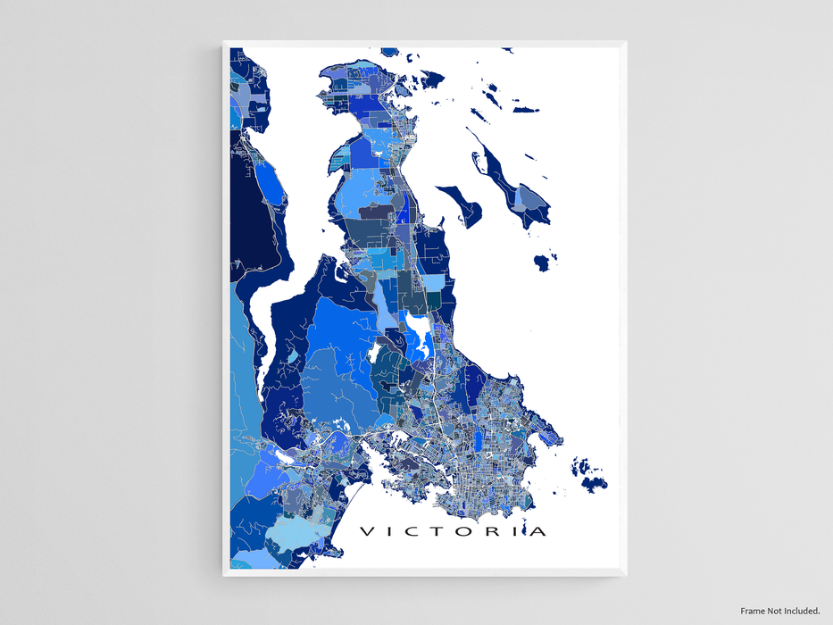 Victoria BC Canada city map print with a blue geometric design by Maps As Art.