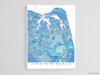 Virginia Beach, Virginia map art print in light blue shapes designed by Maps As Art.