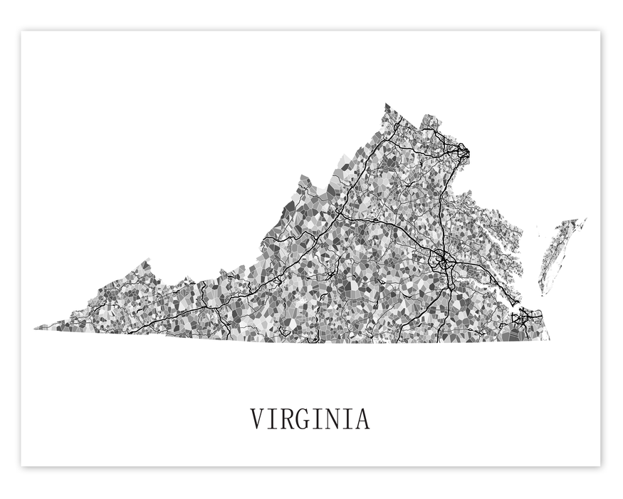 Virginia state map print in black and white shapes by Maps As Art.