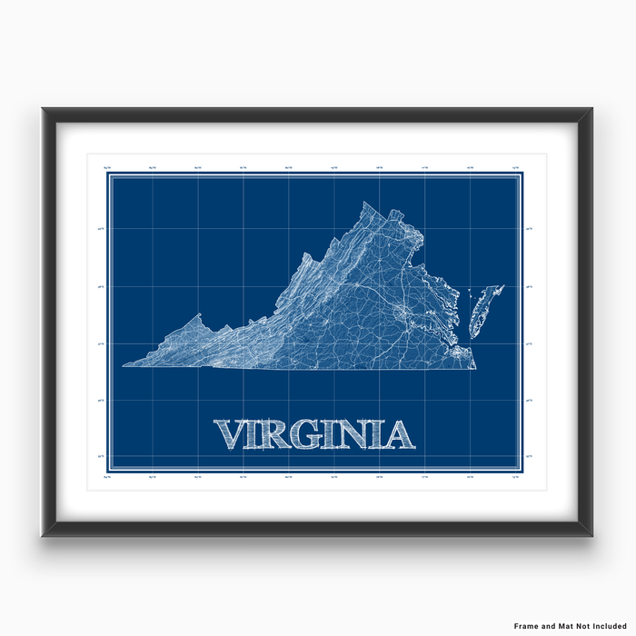 Virginia state blueprint map art print designed by Maps As Art.