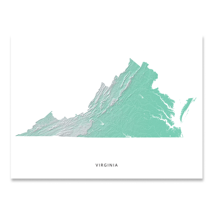 Virginia state map print with natural landscape in aqua tints designed by Maps As Art.