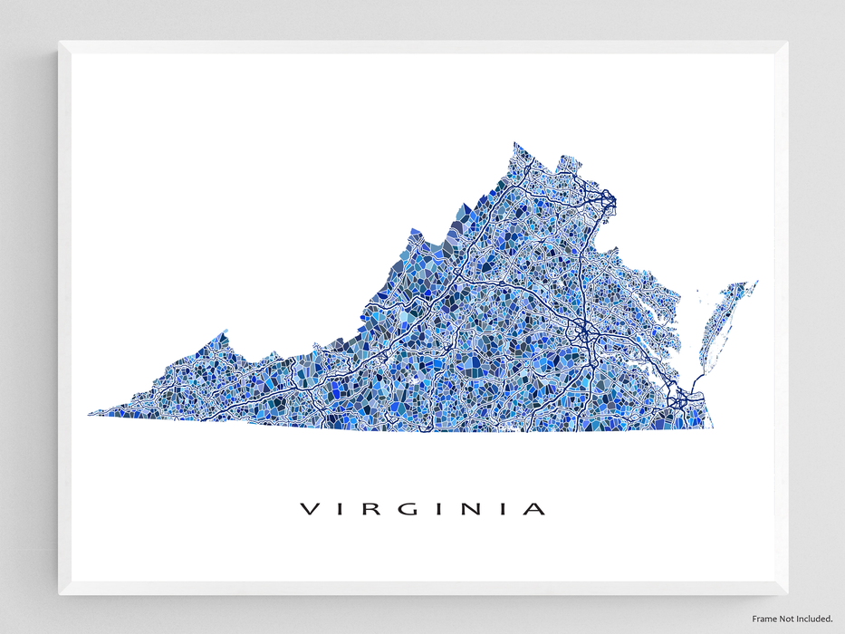 Virginia state map art print in blue shapes designed by Maps As Art.