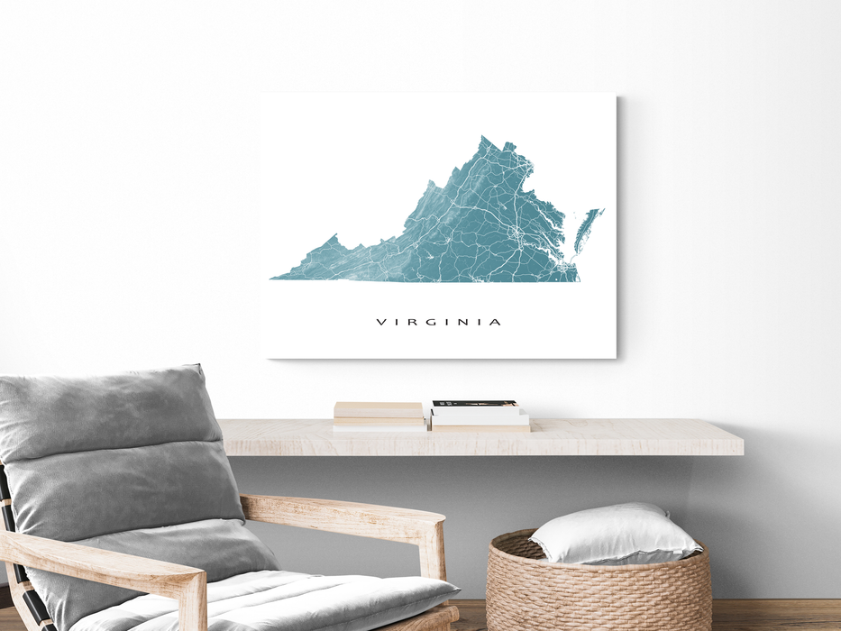 Virginia state map print with natural landscape and main roads designed by Maps As Art.