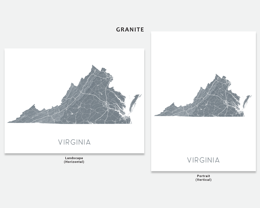 Virginia map print by Maps As Art in Granite.