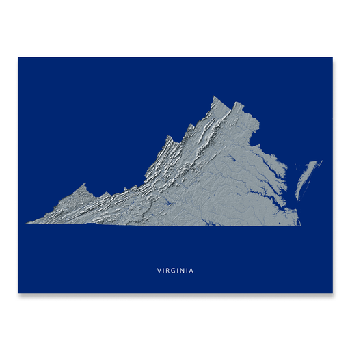 Virginia state map print with natural landscape in greyscale and a navy blue background designed by Maps As Art.
