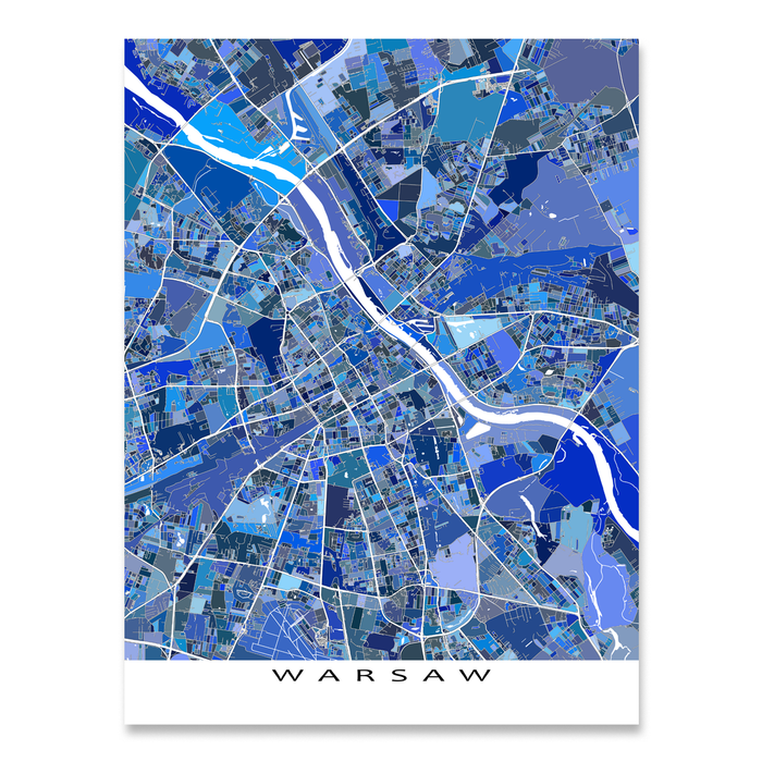 Warsaw, Poland map art print in blue shapes designed by Maps As Art.