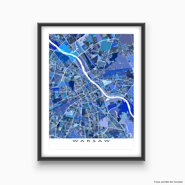 Warsaw, Poland map art print in blue shapes designed by Maps As Art.