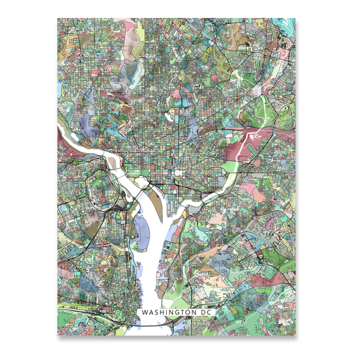 Washington DC map art print in colorful shapes designed by Maps As Art.