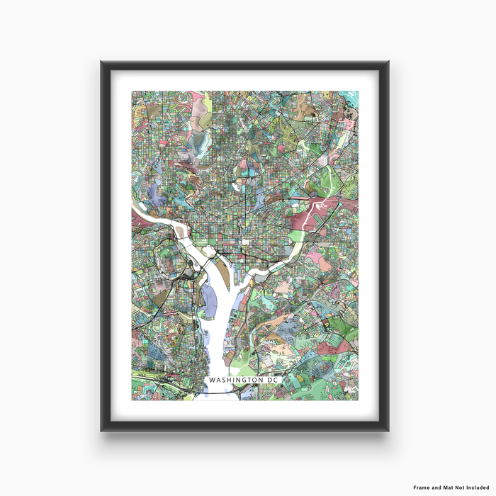 Washington DC map art print in colorful shapes designed by Maps As Art.