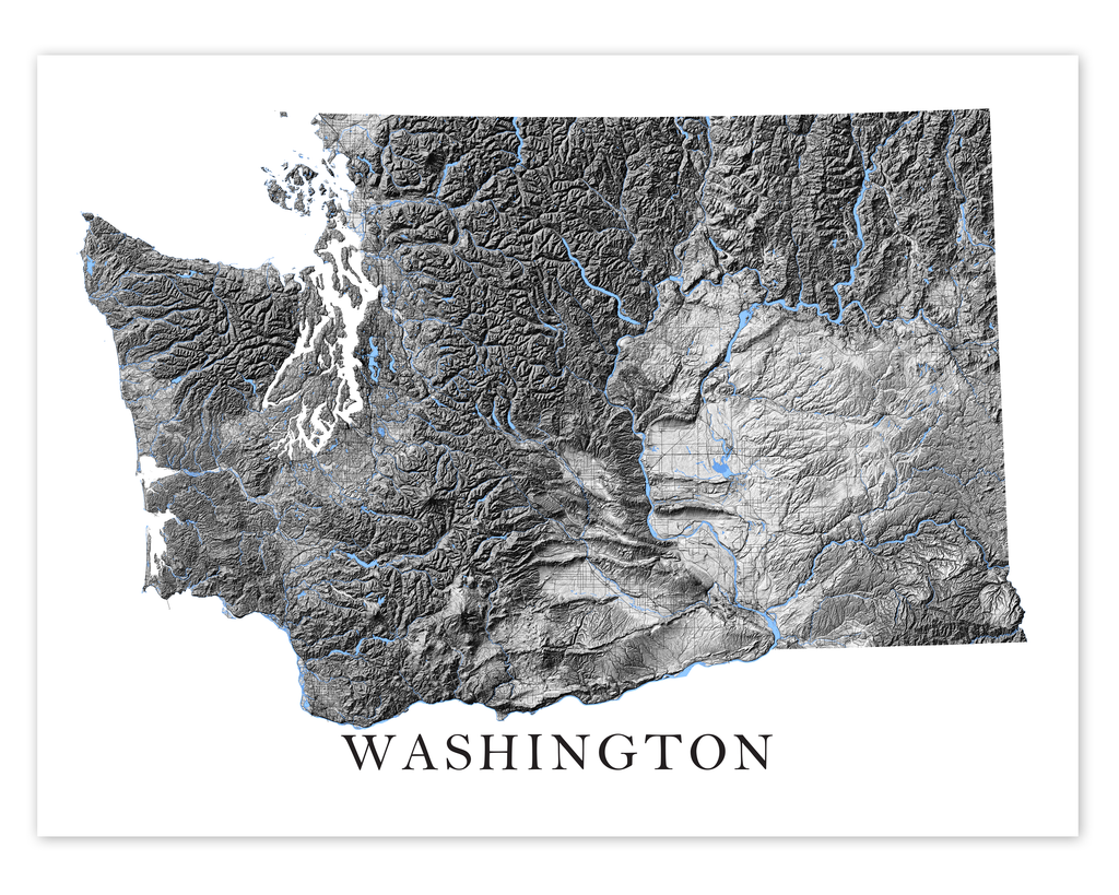 Washington State Map Wall Art Print Poster - Black and White Topographic WA  Road Maps, Seattle, image size:1024x819