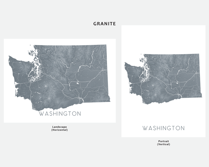 Washington state map print in Granite by Maps As Art.