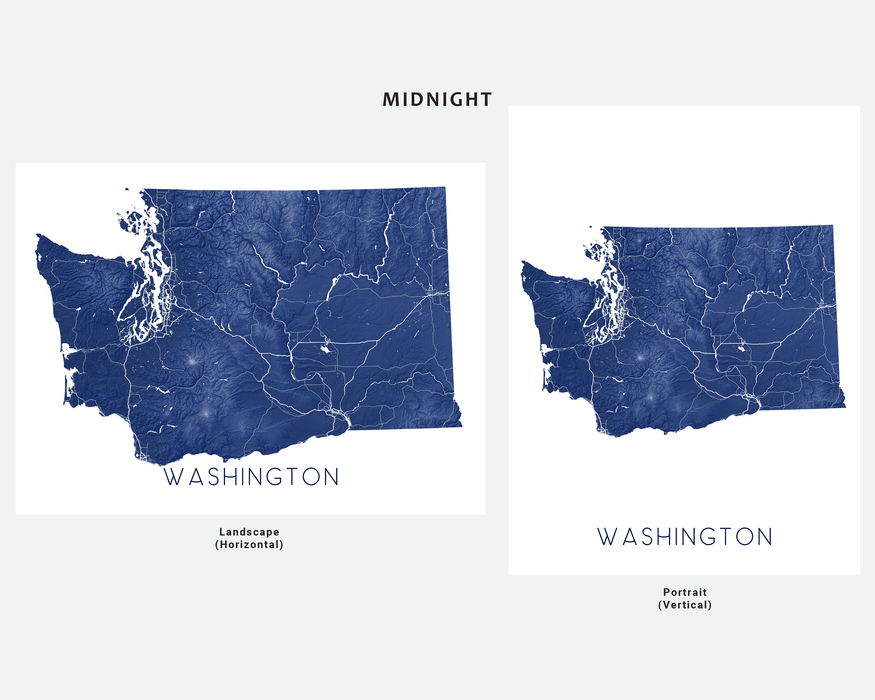 Washington state map print in Midnight by Maps As Art.