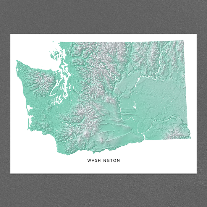 Washington state map print with natural landscape in aqua tints designed by Maps As Art.