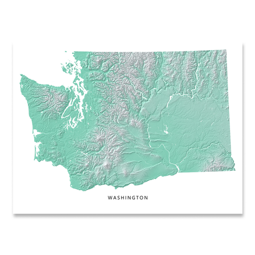 Washington state map print with natural landscape in aqua tints designed by Maps As Art.