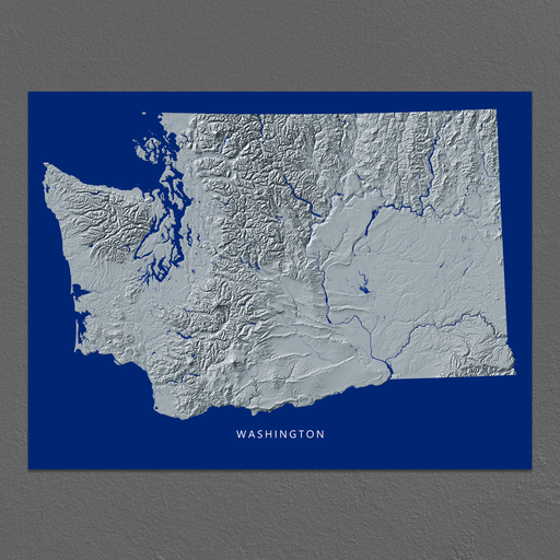 Washington state map print with natural landscape in greyscale and a navy blue background designed by Maps As Art.