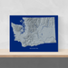 Washington state map print with natural landscape in greyscale and a navy blue background designed by Maps As Art.