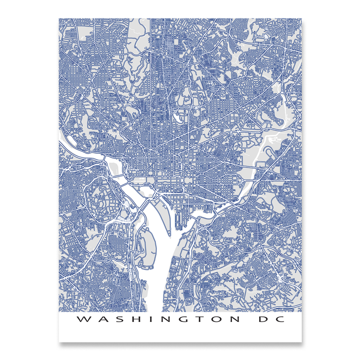 Washington DC map print with main roads in Navy designed by Maps As Art.
