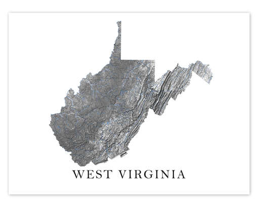 West Virginia state map print with a black and white topographic design by Maps As Art.