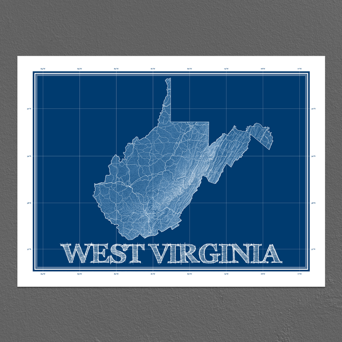 West Virginia state blueprint map art print designed by Maps As Art.