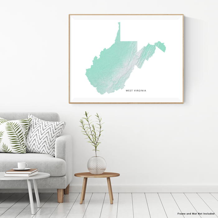 West Virginia state map print with natural landscape in aqua tints designed by Maps As Art.