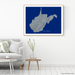 West Virginia state map print with natural landscape in greyscale and a navy blue background designed by Maps As Art.