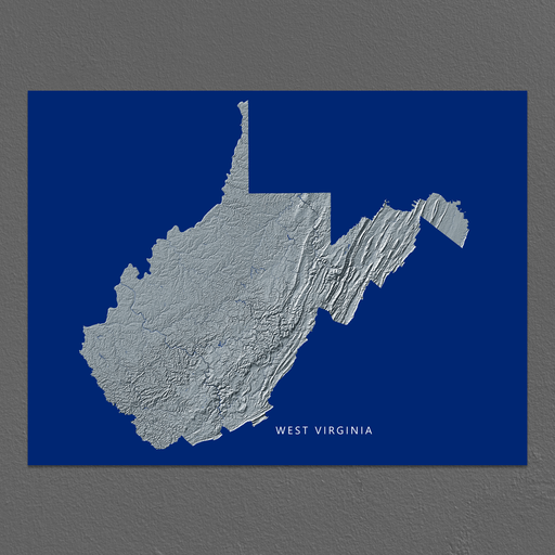 West Virginia state map print with natural landscape in greyscale and a navy blue background designed by Maps As Art.