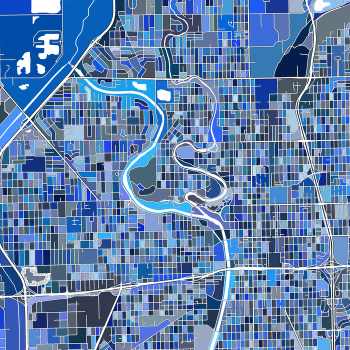 Wichita, Kansas map art print in blue shapes designed by Maps As Art.
