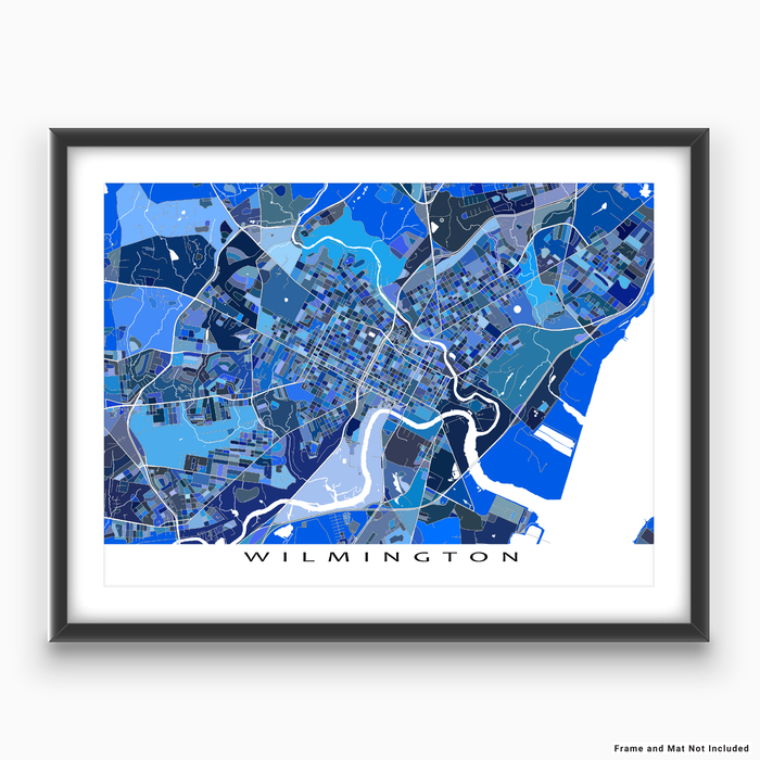 Wilmington, Delaware map art print in blue shapes designed by Maps As Art.