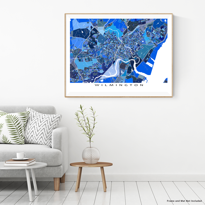 Wilmington, Delaware map art print in blue shapes designed by Maps As Art.