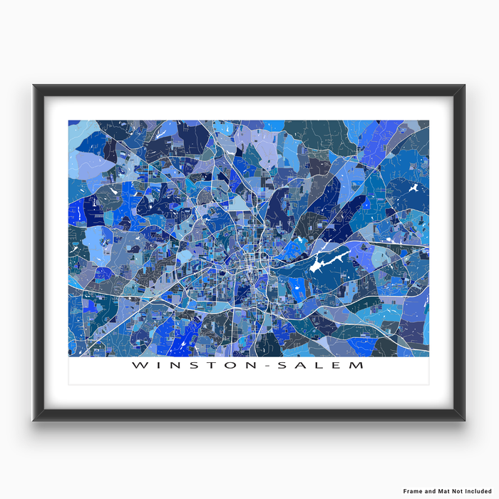 Winston-Salem, North Carolina map art print in blue shapes designed by Maps As Art.