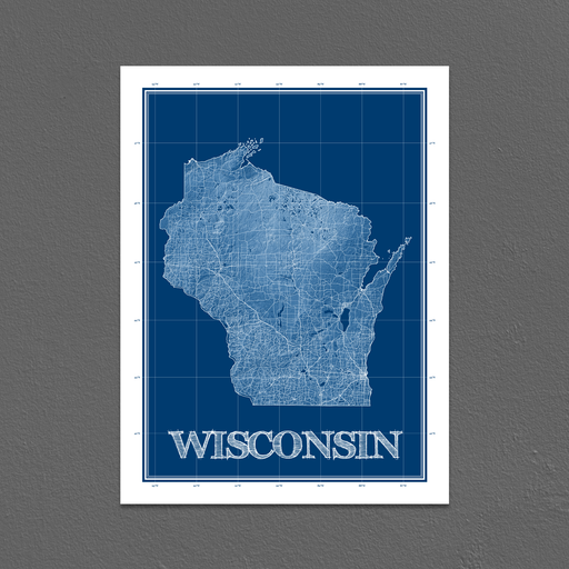 Wisconsin state blueprint map art print designed by Maps As Art.