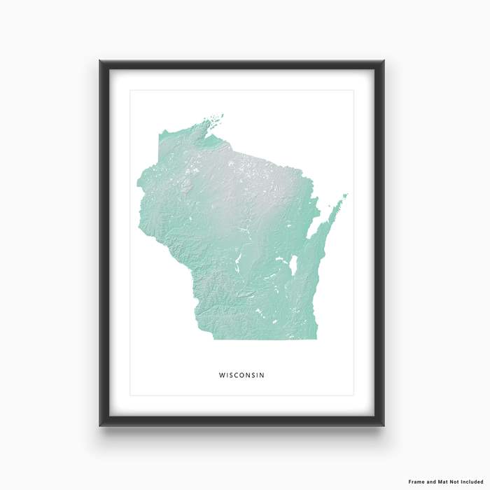 Wisconsin state map print with natural landscape in aqua tints designed by Maps As Art.