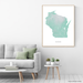 Wisconsin state map print with natural landscape in aqua tints designed by Maps As Art.