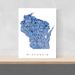 Wisconsin state map art print in blue shapes designed by Maps As Art.
