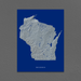 Wisconsin state map print with natural landscape in greyscale and a navy blue background designed by Maps As Art.