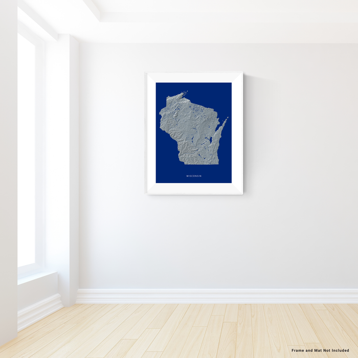 Wisconsin state map print with natural landscape in greyscale and a navy blue background designed by Maps As Art.