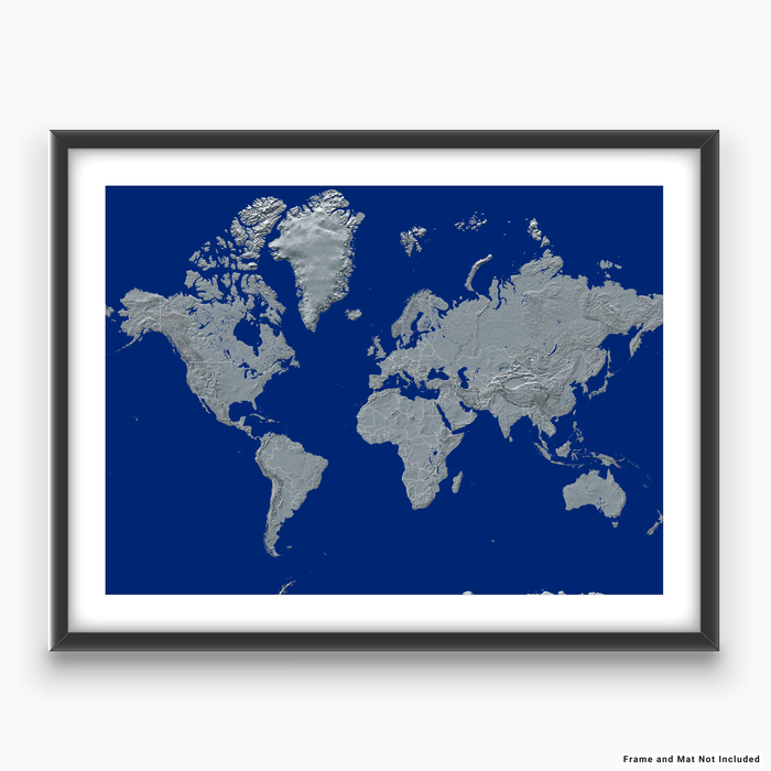 World map print with natural landscape in greyscale and a navy blue background designed by Maps As Art.