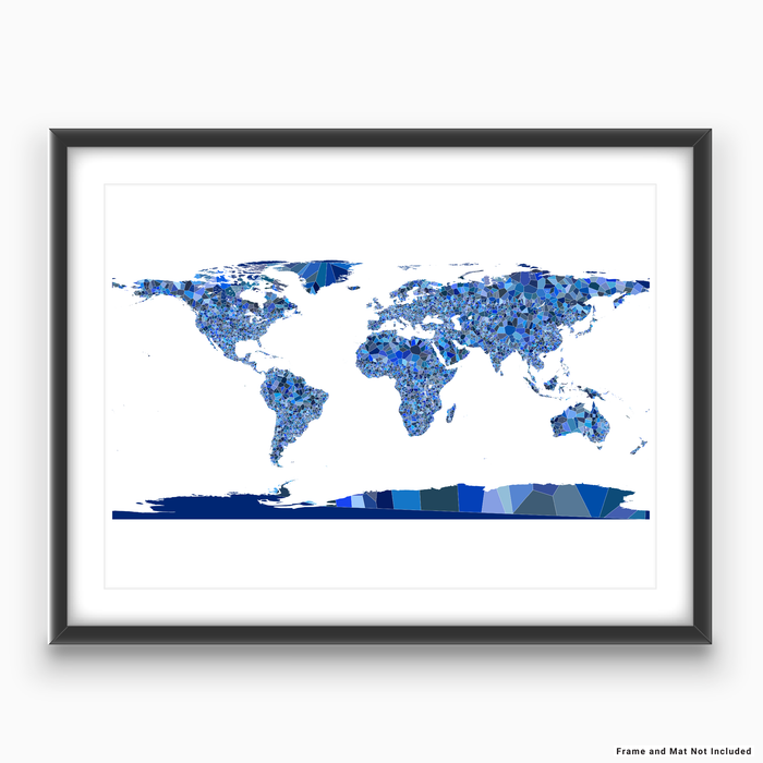 World map art print in blue shapes designed by Maps As Art.