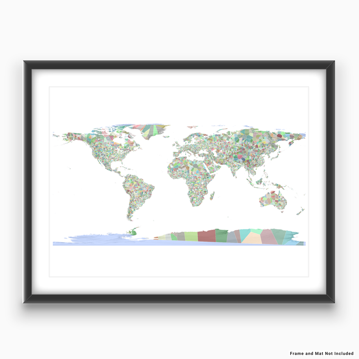 World map art print in colorful shapes designed by Maps As Art.