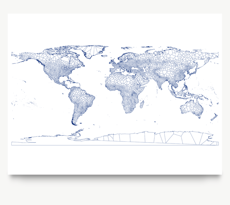 Geometric map of the world in Navy designed by Maps As Art.