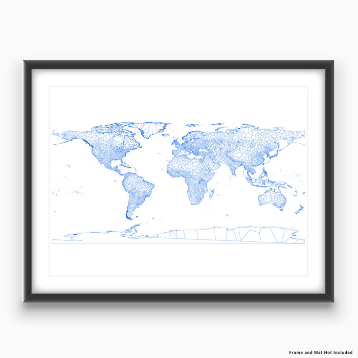 Geometric map of the world in Blue designed by Maps As Art.