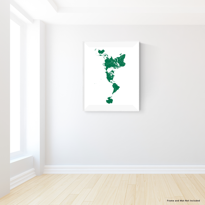 World map print with country boundaries in Green designed by Maps As Art.