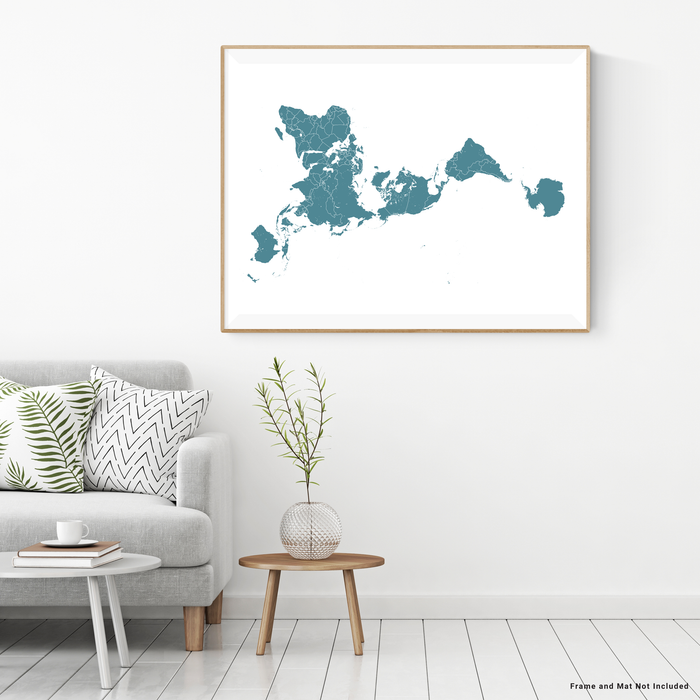World map print (landscape orientation) with country boundaries in Marine designed by Maps As Art.